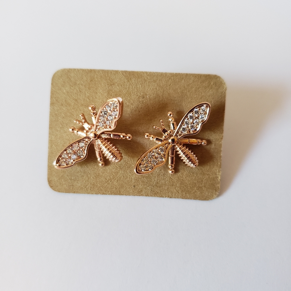 Gold rhinestone bee earrings